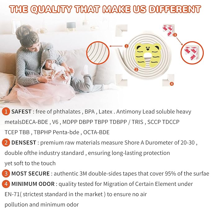 Baby Proofing Edge and Corner Guards, Safety 3M Pre-Taped Furniture Bumper, Rice White, Heavy-Duty (Rice White, 16.4 Feet + 8 Corner)