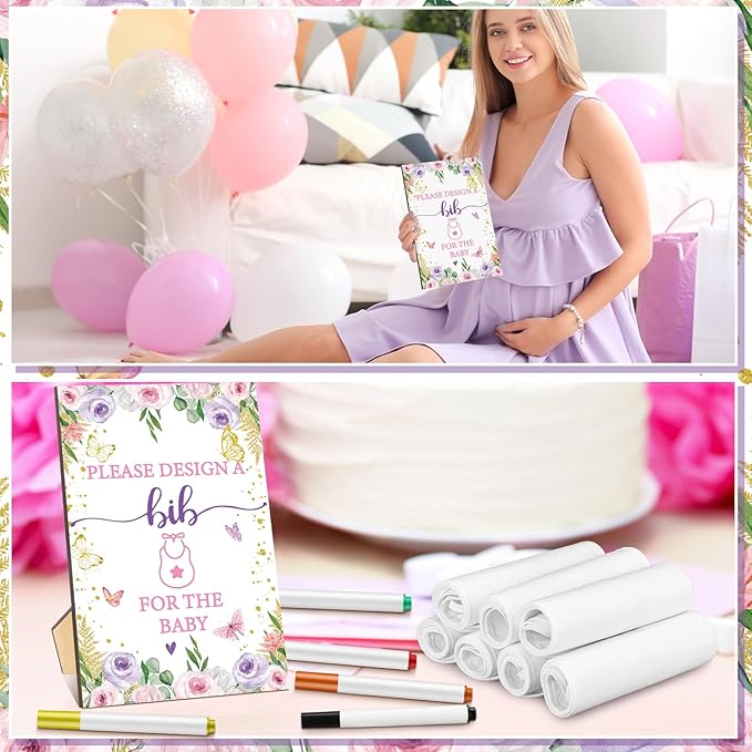 Panitay 100 Pcs DIY Baby Bibs Decorating Kit 50 White Bibs 25 Stencils 24 Markers 1 Baby Shower Game Sign