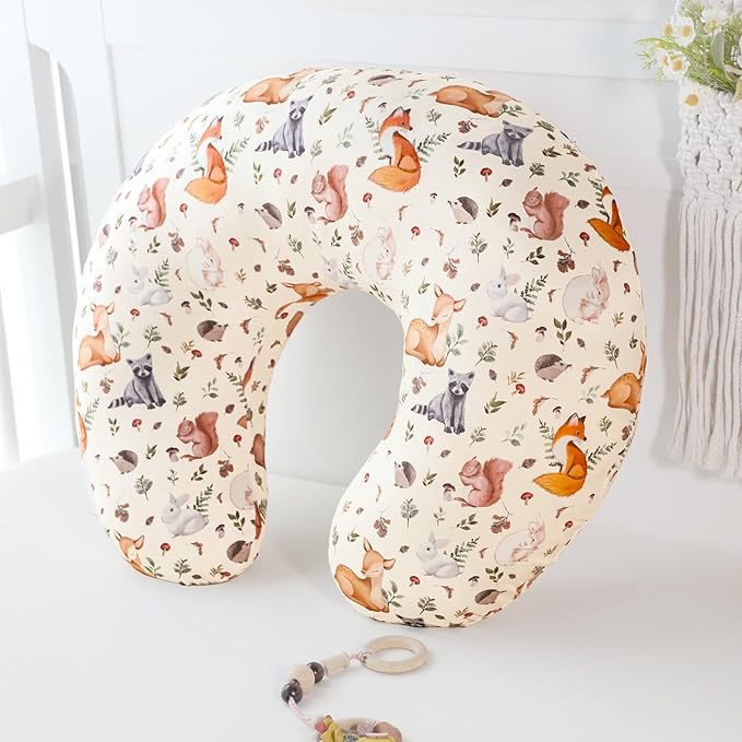 Nursing Pillow Cover for Baby Boy and Girl, Ultra Soft Comfortable Stretchy Removable Slipcover for Newborn Breastfeeding Pillows, Woodland Animals