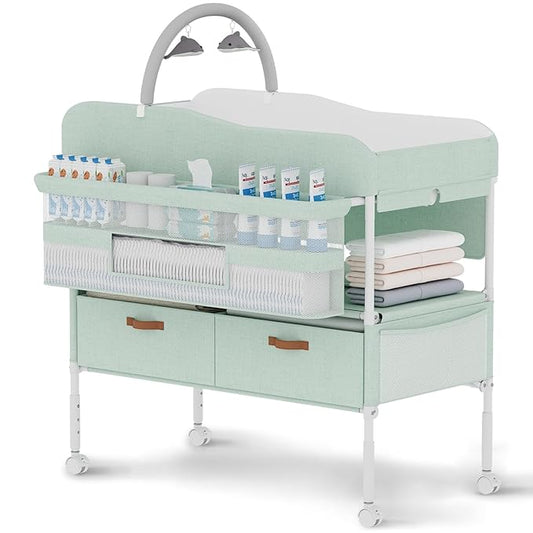 Diaper Changing Station, Portable Changing Table for Baby, Diaper Changing Table with Storage Drawers, Waterproof Baby Changing Station with Wheels and Adjustable Height for Newborn Infant (Green)