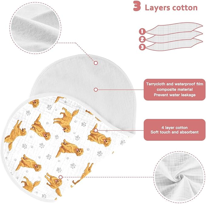 2 Pack Muslin Burp Cloths Golden Dogs Paw Prints White Cotton Baby Burp Cloths Ultra Absorbent and Soft Thick Burping Cloth for Newborn Baby Boys Girls 22x11 Inch