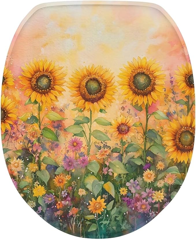 Sunflower Painting Toilet Lid Cover Flannel Fabric Toilet Cover Elastic Edges Seat Covers Soft and Breathable Toilet Lid Covers for Bathroom Fits Most Toilet Lids Yellow