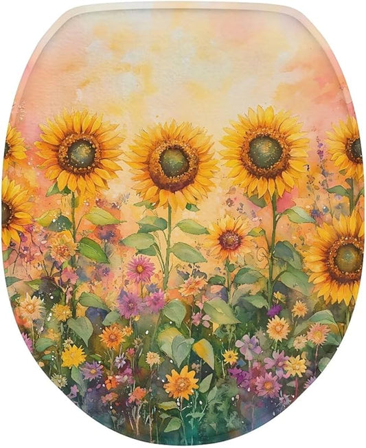 Sunflower Painting Toilet Lid Cover Flannel Fabric Toilet Cover Elastic Edges Seat Covers Soft and Breathable Toilet Lid Covers for Bathroom Fits Most Toilet Lids Yellow