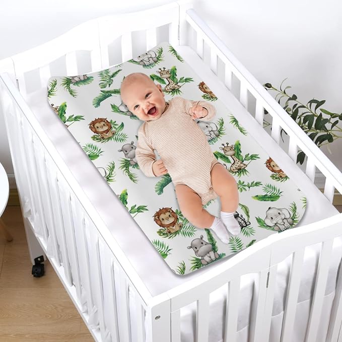 Baby Jungle Safari Animals Tropical Leaves Changing Pad Covers Elephant Giraffe Zebra Lion Hippo Diaper Change Table Sheets for Girls Boys Soft Stretchy Snug Fitted Changing Mats Cover 32''x16''
