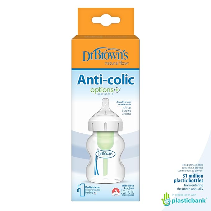 Dr. Brown’s Natural Flow Anti-Colic Options+Wide-Neck Baby Bottle, 5 oz/150 mL, Level 1 Nipple, 1-Pack, 0m+
