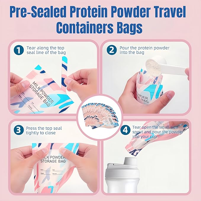 30 Pack 3.94x7.87 inch Writable Bulk Disposable Powder Bags for Travel Sample Dispenser Baby Formula Storage Container Transparent Window Portable Protein Powder Leakproof Pouches