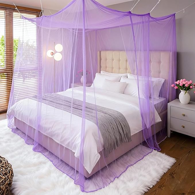 Mosquito Net for Bed - 4 Corner Bed Canopy with Fine Mesh Protection, Twin Size Bed, Easy Assembly Bug Net for Indoor/Outdoor Use, Camping & Travel