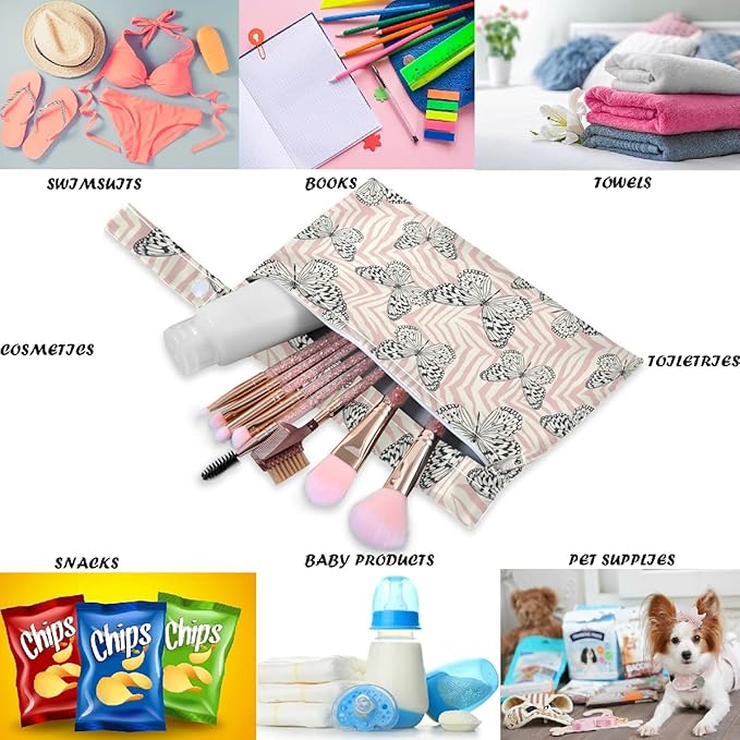 visesunny Butterfly Zebra Print 2Pcs Wet Bag with Zippered Pockets Washable Reusable Roomy Diaper Bag for Travel,Beach,Daycare,Stroller,Diapers,Dirty Gym Clothes,Wet Swimsuits,Toiletries