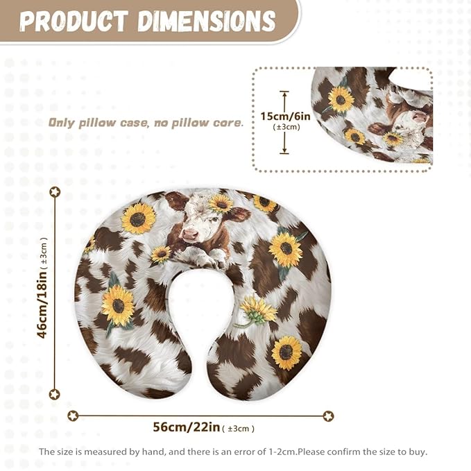 Jeiento Baby Nursing Pillow Cover Neutral Brown Cow Sunflower Newborn U-Shaped Breastfeeding Pillowcase Cushion Cover Snug Positioner Case Fits Naked Nursing Pillow for Newborn
