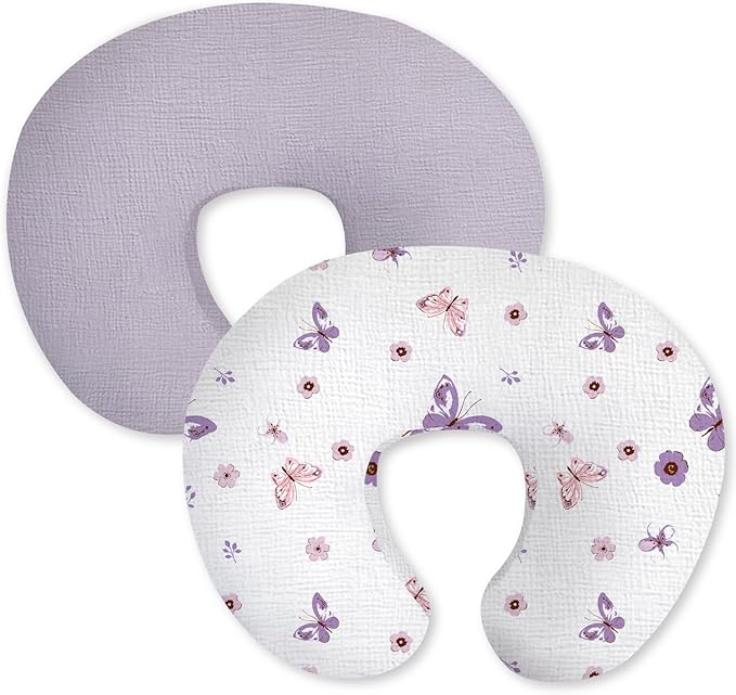 Little Grape Land Muslin Nursing Pillow Covers 2 Pack, 100% Cotton Removable Breastfeeding Pillow Covers, Feeding Pillow Slipcovers for Baby Boys & Girls, (Purple Butterfly & Purple)