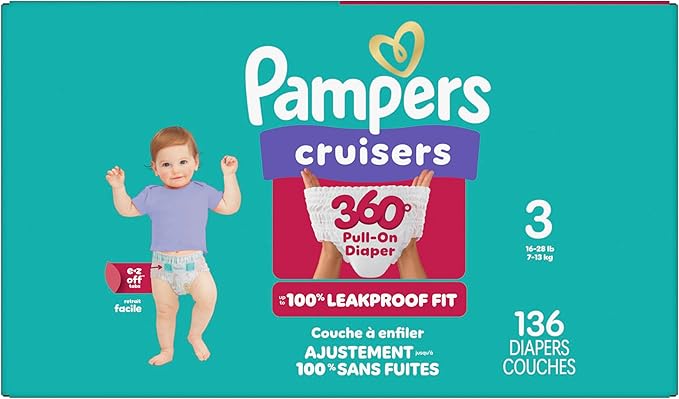 Pampers Diapers - Cruisers 360 - Size 3, 136 Count, Babyproof up to 100% Leakproof Pull-On Diaper