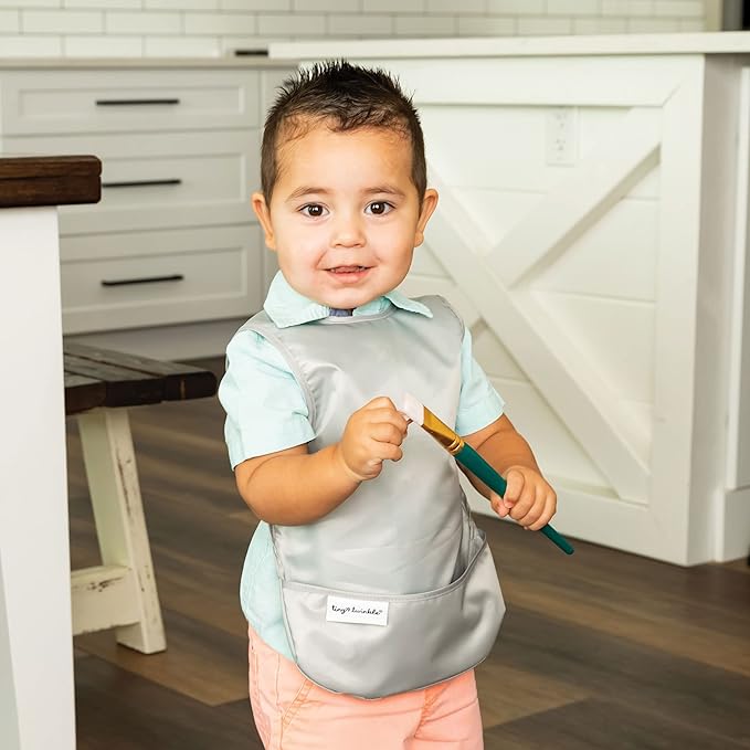 Tiny Twinkle Mess Proof Baby Bibs | 2 Pack Waterproof Toddler Bib for Eating | Baby Apron for Feeding, Machine Washable, Perfect Shower Gift (Grey Indigo, 2-4Y)