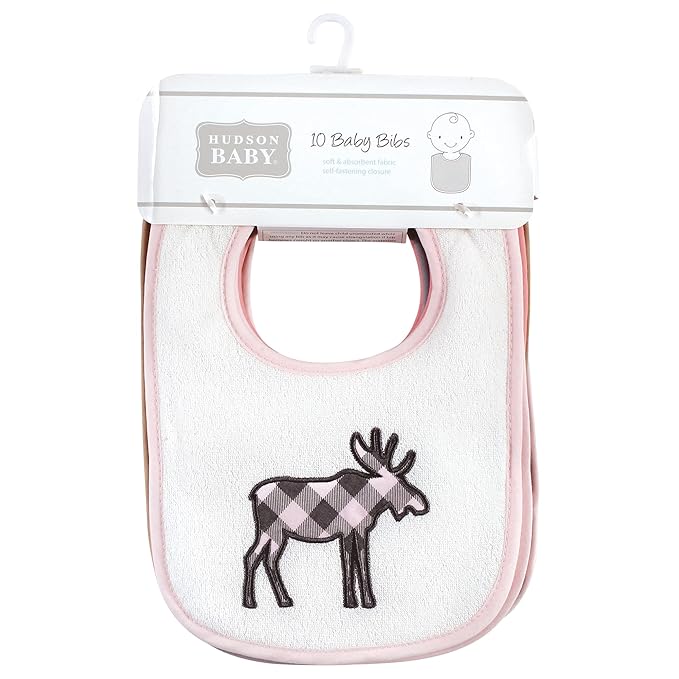 Hudson Baby Unisex Baby Cotton Terry Drooler Bibs with Fiber Filling, Girl Moose Bear, One Size