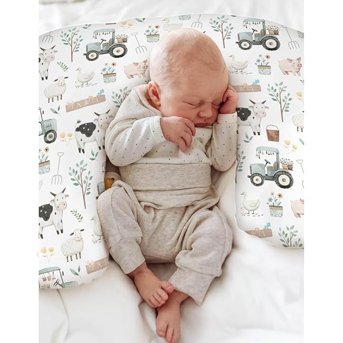 Boho Farm Animals Baby Nursing Pillow Covers for Boy Girl Lamb Cow Chicken Duck Tractor Tree Nursery Slipcovers for Breastfeeding Pillows Spring Farm Life Soft Stretchy Cover for Newborn Infant