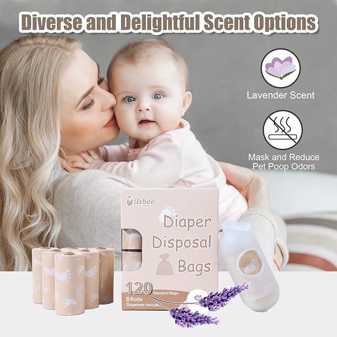 USBOO Diaper Bags Disposable for Baby, Biodegradeable Dirty Diaper Bags (8 Refill Rolls/120 Bags) with Dispenser, Leak Proof Diaper Trash Bags, Baby Poop Bags, Lavender Scent