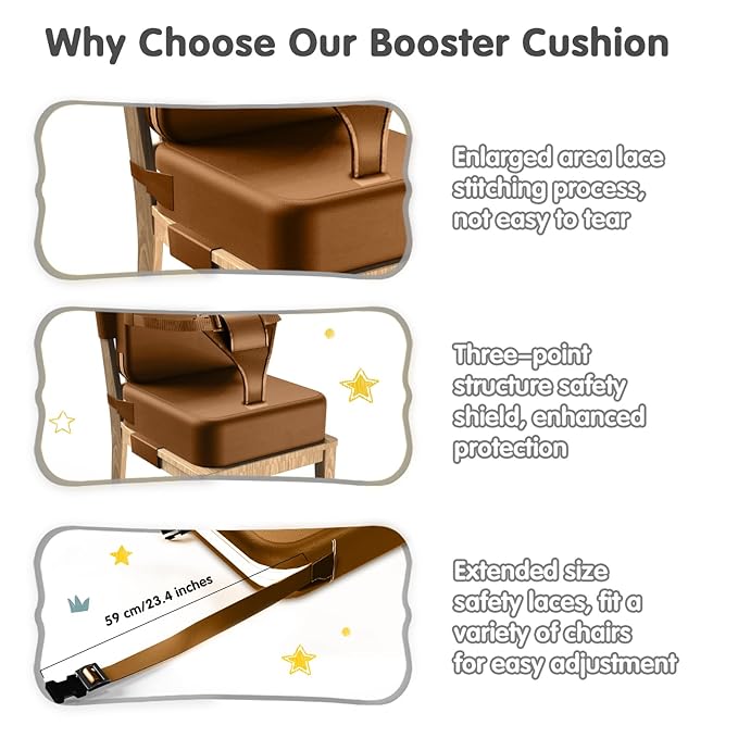 Toddler Booster Seat for Dining Table,Booster Seat for Kitchen Chair with Extended Straps,2PCS Portable with Safety Buckles,Suitable for Kids Aged 3-12 in Restaurants (Dark Brown)