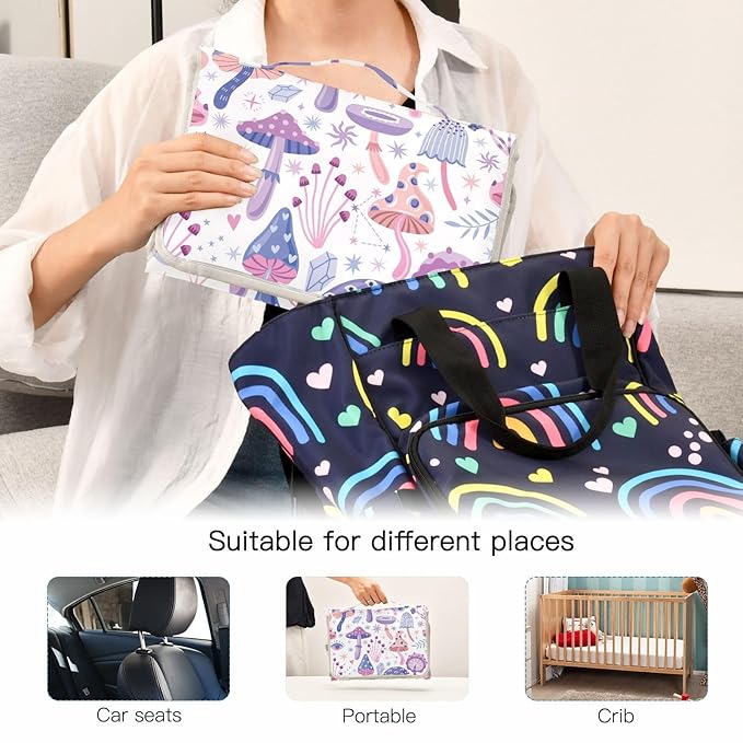Portable Changing Pad for Baby - Purple Magic Mushrooms Waterproof Diaper Changing Mat Travel Changing Pad with Built-in Pillow - Shower Gift for Baby