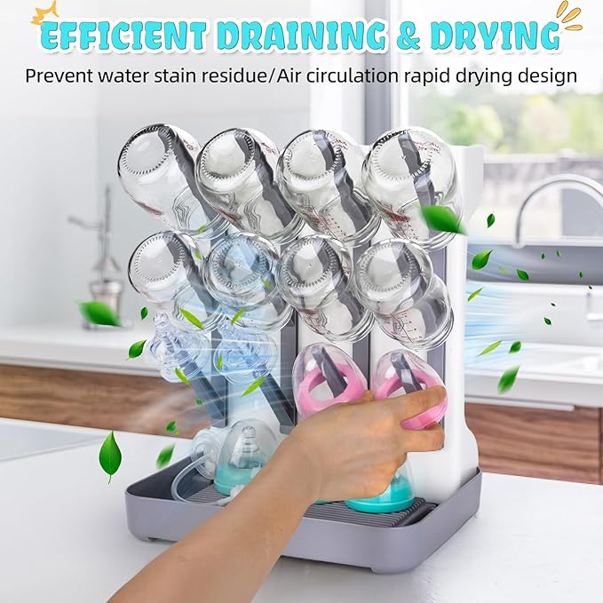 Baby Bottle Drying Rack: Space Saving Vertical Bottle Drying Holder with Brushes Holder - Large Bottle Storage Holder Organizer 12 Bottles & Baby Accessories,BPA-Free, Gray