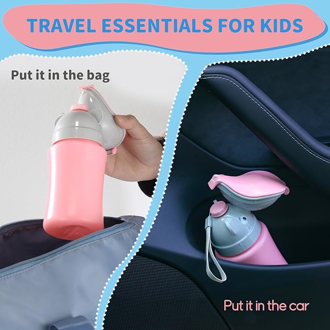 ONEDONE Portable Urinal for Kids 17 OZ Pee Bottle with Clean Brush Travel Urinal for Kids Baby Child Pee Cup for Girls Emergency Toilet for Camping Car Travel and Kid Potty Training (Pink)