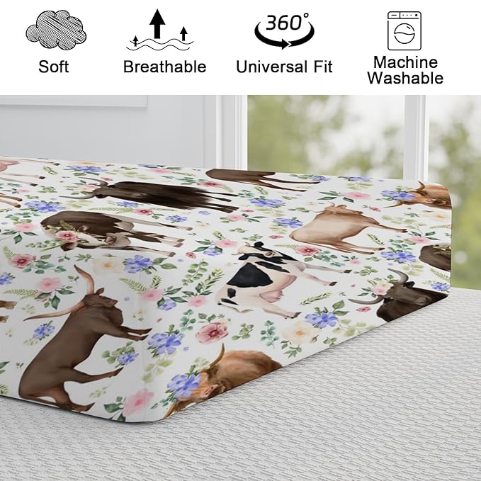 Farm Cows Boho Floral Changing Pad Cover Cows Yak Cattles Flowers Change Table Pad Cover for Boys Girls Farm Animals Soft Breathable Stretchy Fitted Diaper Changing Mat Sheets 32''x16''