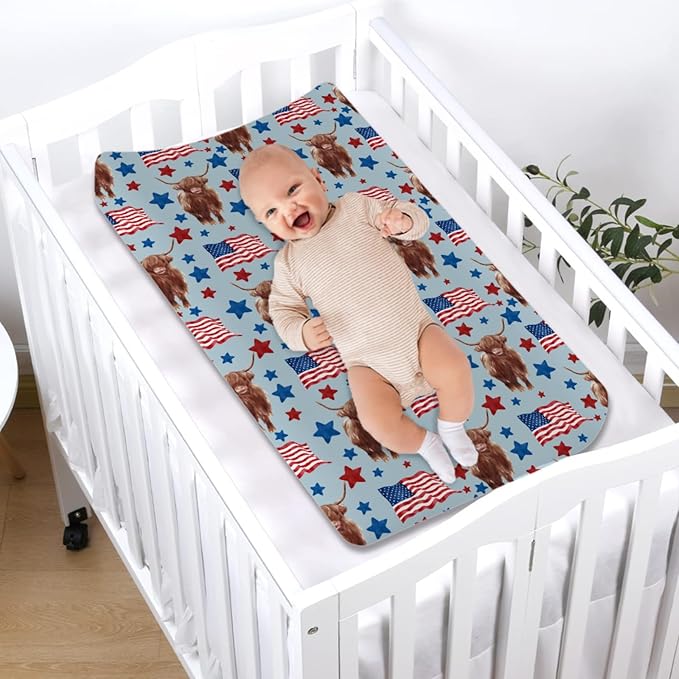 Highland Cows American Flag Changing Pad Covers Highland Yak Stars Stripes Diaper Change Table Sheets for Baby Girls and Boys Soft Stretch Changing Table Mats Cover 32''x16''