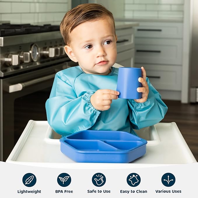 Tiny Twinkle Silicone Suction Baby Plate, Suction Grip Divided Dish for First Foods and Self-Feeding Toddlers, Baby Led Weaning Supplies for Independent Eating (Indigo Plate with Lid)