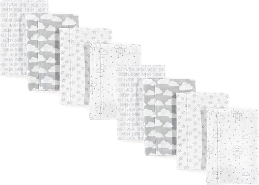 Hudson Baby Cotton Poly Flannel Burp Cloths Multipack, Gray Clouds 8-Pack, One Size