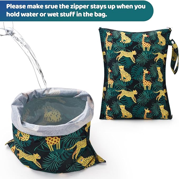 2pcs Cloth Diaper Mess-proof Wet Bags,Waterproof Reusabel Travel Storage Stroller Daycare Soiled Baby Items Beach Pool Yoga Gym Bag for Wet Toddler Swimsuits-Leopard,Dinosaur