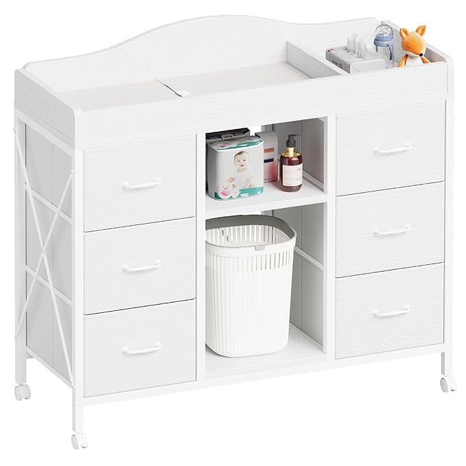Yetom Changing Table, 6-Drawer Baby Dresser with Changing Table top, Waterproof Diaper Changing Station & Pad, 2 Height-Adjustable Open Storage Shelves, Mobile Nursery Organizer, White