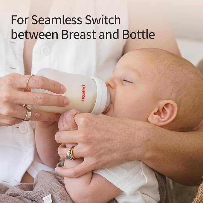 Pigeon Silicone Coating (Glass Inside/Silicone Outside) Baby Bottle, Wide Neck, Streamlined Body, Natural Feel, Easy to Clean, Heat-Resistant, 5 Oz (Pack of 2), Includes 2 pcs SS Nipples (0m+)