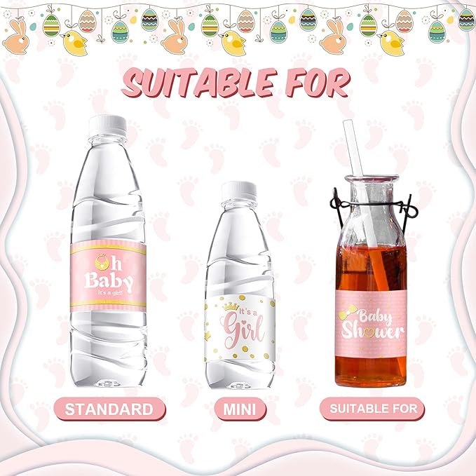 Teling 80 Pieces Baby Shower Water Bottle Labels Waterproof Water Bottle Stickers Wrappers Labels for Baby Shower Party Decoration(Pink Girl Style)