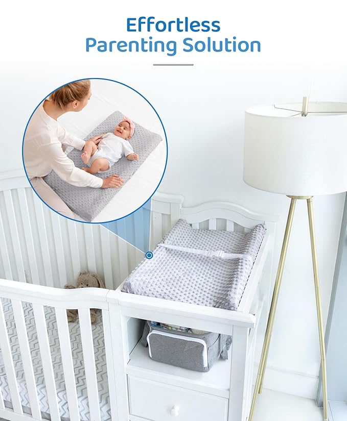 LOONAH Compact Small Changing Pad with Cover - 27" X 16" Contoured Baby Diaper Changing Pad for Combo Crib with Changing Table-Waterproof & Hypoallergenic, Safety Strap with Quick-Release Buckle-Grey