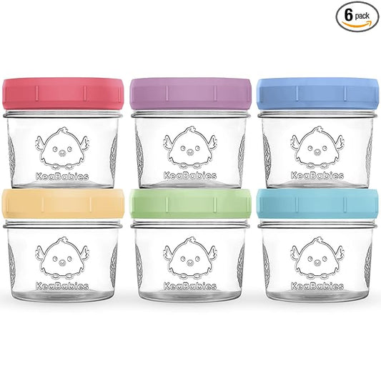 KeaBabies 6pk 4oz Glass Baby Food Containers with Lids - Leak-Proof, Microwavable Small Glass Jars, Baby Purees & Toddler Snack Storage Containers, BPA-Free, Dishwasher & Freezer Safe (Nord)