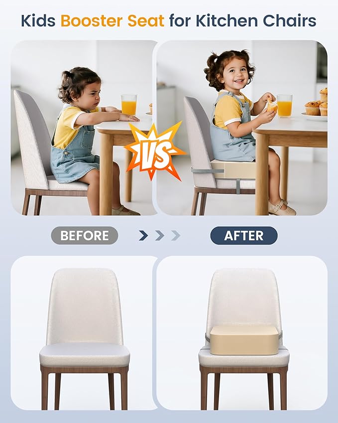 Toddler Booster Seat for Dining Table and Kitchen Chair – Adjustable Safety Straps, PU Leather, Non-Slip, Easy to Clean, Portable Travel Foam Booster Cushion for Kids & Toddlers (Light Yellow)