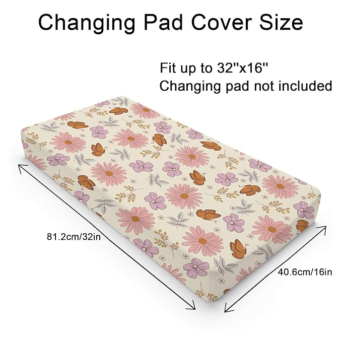 Vintage Flowers Butterflies Baby Changing Pad Covers for Boy Girl 32''x16'' Retro Boho Floral Leaves Fitted Changing Table Sheets Spring Wild Plants Soft Breathable Nursery Diaper Change Table Mats