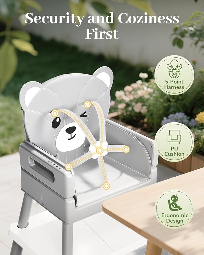 AVIDOR Baby Highchair for Babies and Toddlers, 6 in 1 High Chair with 5 Point Harness and Removable Safe Tray, Easy Clean& Ergonomic, Cute Bear Cunshion Baby Highchair for 6-36 Months and 35 lbs, Gray