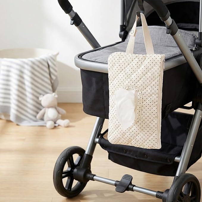 Quilted Baby Wipe Holder, Canvas Floral Quilted Pouch with Hanging Strap, Portable Diaper Wipe Holder for Travel Stroller-Polka Dots