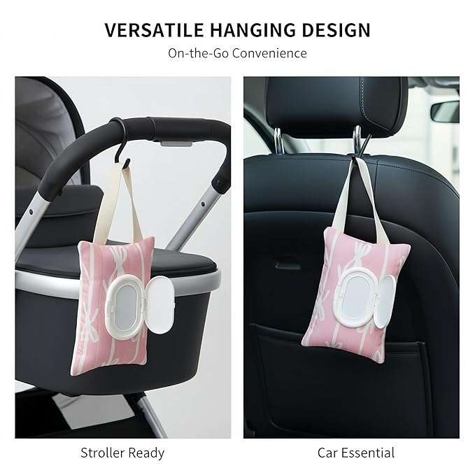 Baby Wipes Dispenser with Bow, Refillable Hanging Wet Wipe Pouch, Portable Diaper Wipe Holder for Travel, Car and Stroller Use (Pink)