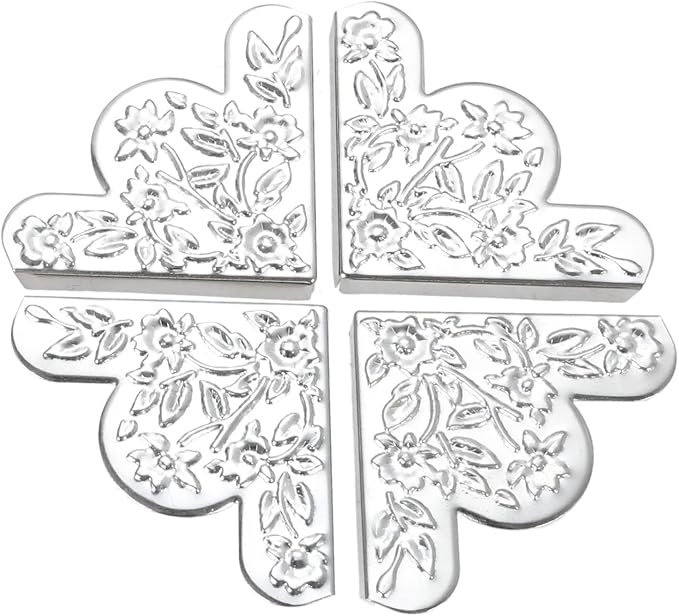 dophee 12Pcs Decorative Corner Protector, Jewelry Box Wooden Box Chest Furniture Guard Edge Cover, Metal Flower Carved No Holes, 1.69"x1.69"x0.2" - Silver