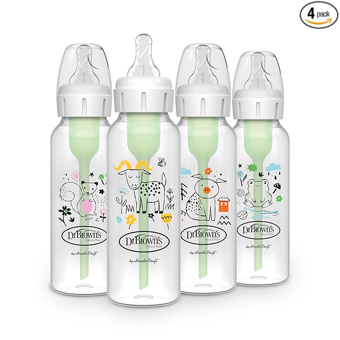 Dr. Brown's Natural Flow Anti-Colic Options+ Narrow Baby Bottle, 8 oz/250 mL, with Level 1 Slow Flow Nipple, BPA Free, 0m+, Squirrel, Goat, Pig, Frog, 4-Pack