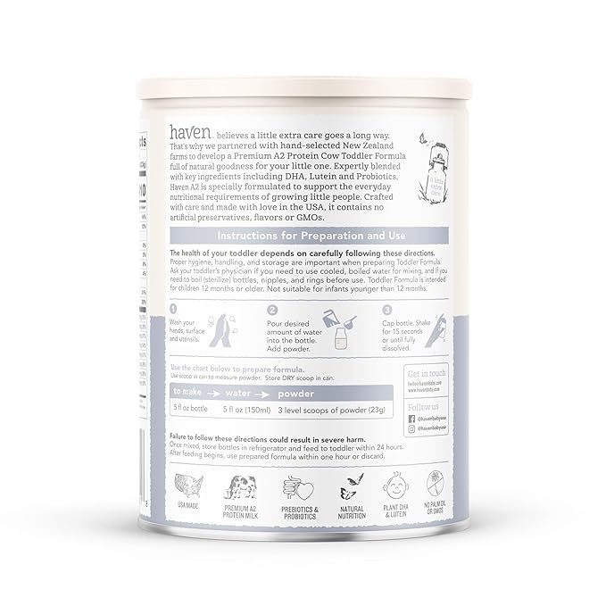 Haven A2 Cow Toddler Formula, Grass Fed Cow Milk Powder for Toddlers With Protein, Probiotics, Prebiotics, Lutein and Omega 3 Dha, Easy Digestion Formula, Non GMO, American Made, 14.1 Oz