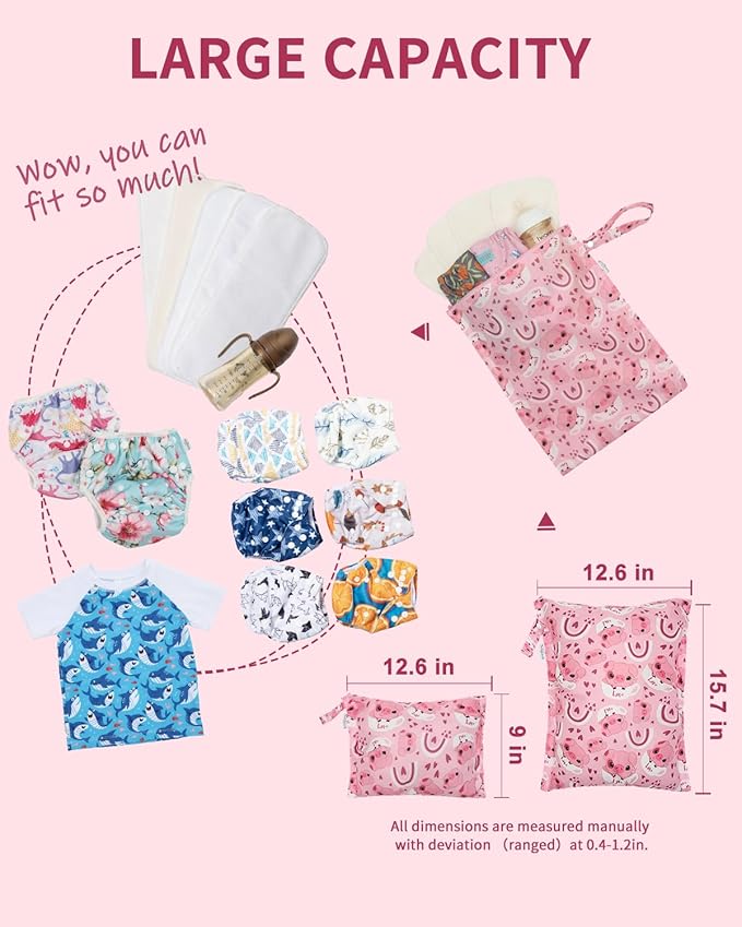 babygoal Wet Dry Bags 4 Pack, Waterproof Reusable Travel Bags for Swimsuits, Baby Cloth Diapers, Beach, Pool, Gym Bag & Wet Clothes