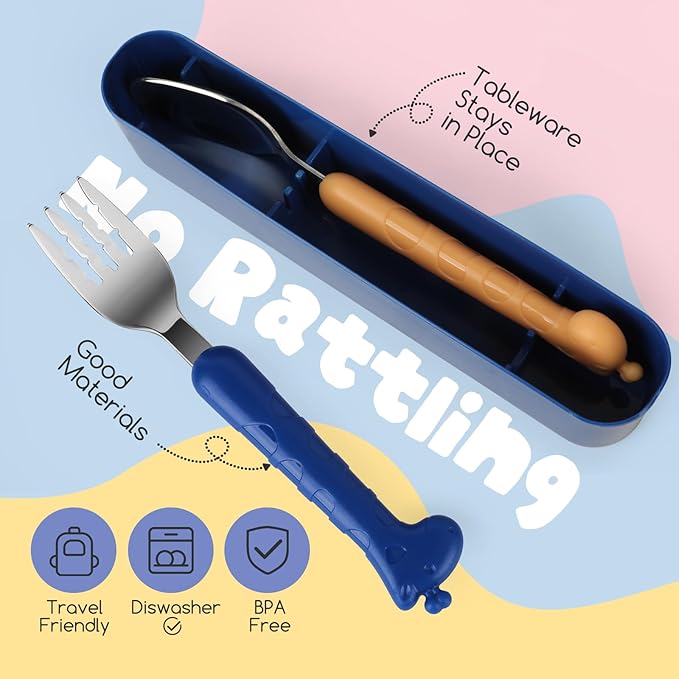 2-Piece Kid Utensils Set, 304 Stainless Steel Kids Fork and Spoon for Self-feeding, Safe Kid Silverware with storage case for School Lunch, Travel & Outdoors, Dishwasher Safe(BLUE)