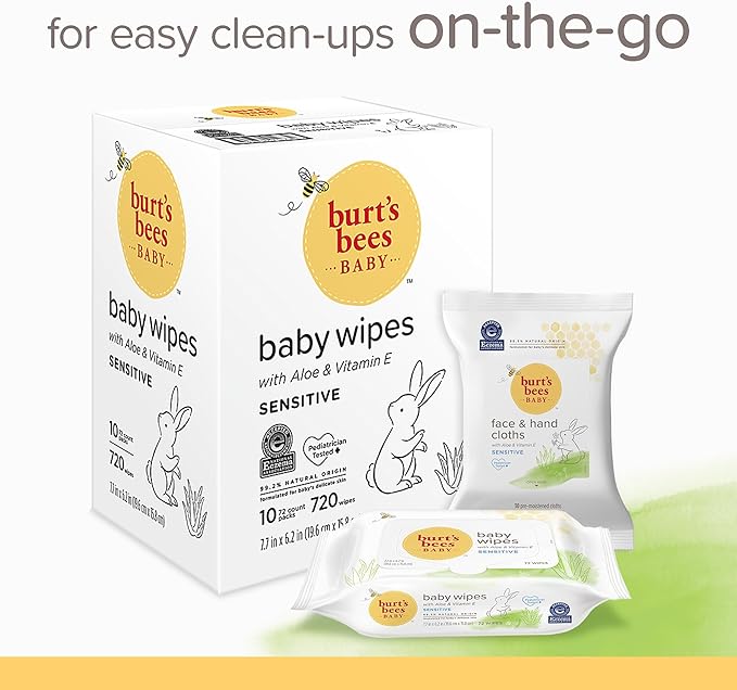 Burt’s Bees Baby Wipes, Unscented Natural for Sensitive Skin with Aloe and Vitamin E - 72 Baby Wipes – 10 Pack