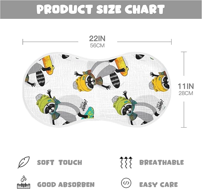 Raccoon and Skateboard Pattern Muslin Burp Cloths for Baby 4 Pack 100% Cotton Baby Washcloths Bibs for Boy Girl