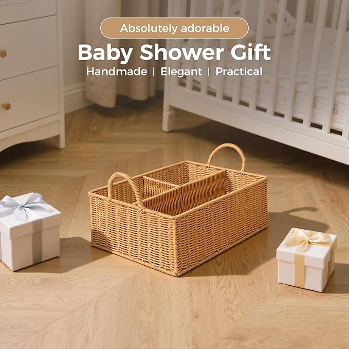Diaper Caddy Organizer, Hand Rattan Nursery Baby Basket Changing Table Organizer for Baby Essentials, Baby Shower Gifts, Versatile Shelf Basket Bathroom/Kitchen Organizer (Natural, L)