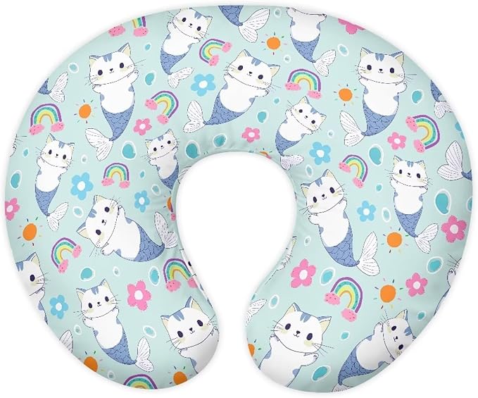 Light Blue Nursing Pillow Cover Stretchy and Soft Nursing Cover for Breastfeeding Pillows,Cute Cat-Fish Pillow Slipcover for Baby Girls Boys Newborn Rainbow (Cover Only)