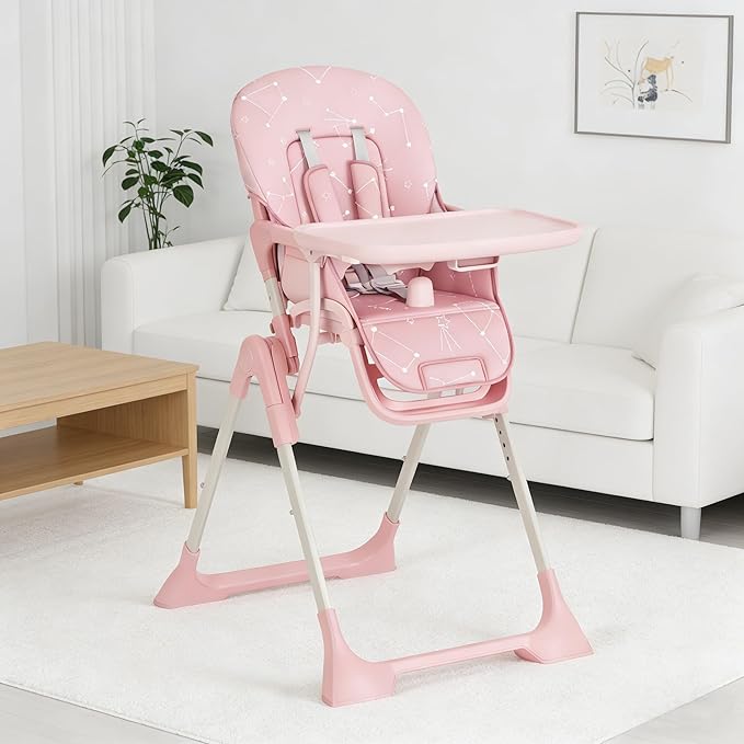 Baby High Chair, Foldable Feeding Chairs for Babies and Toddlers, Adjustable Height/Backrest/Footrest, Removable Tray, Fast Folding Pink