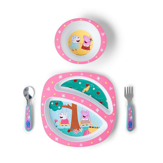The First Years Peppa Pig Toddler Dinnerware Set - Includes Plate, Divided Bowl, and Utensils - Dishwasher Safe Feeding Supplies Made without BPA - 4 Count