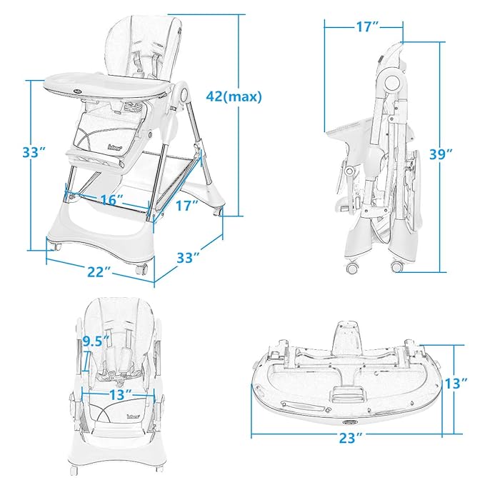 INFANS High Chair with One-Hand Removable Tray, 4 Lockable Wheels & Large Storage Basket - Multi-Adjustable Height, Recline & Footrest, Removable Cushion, Foldable for Baby, Infant& Toddler, Grey